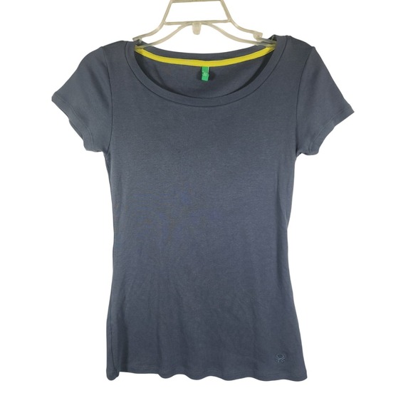 United Colors Of Benetton Tops - United Colors of Benetton Womens T Shirt Blue Yellow Trim Y2K Minimalist Tee